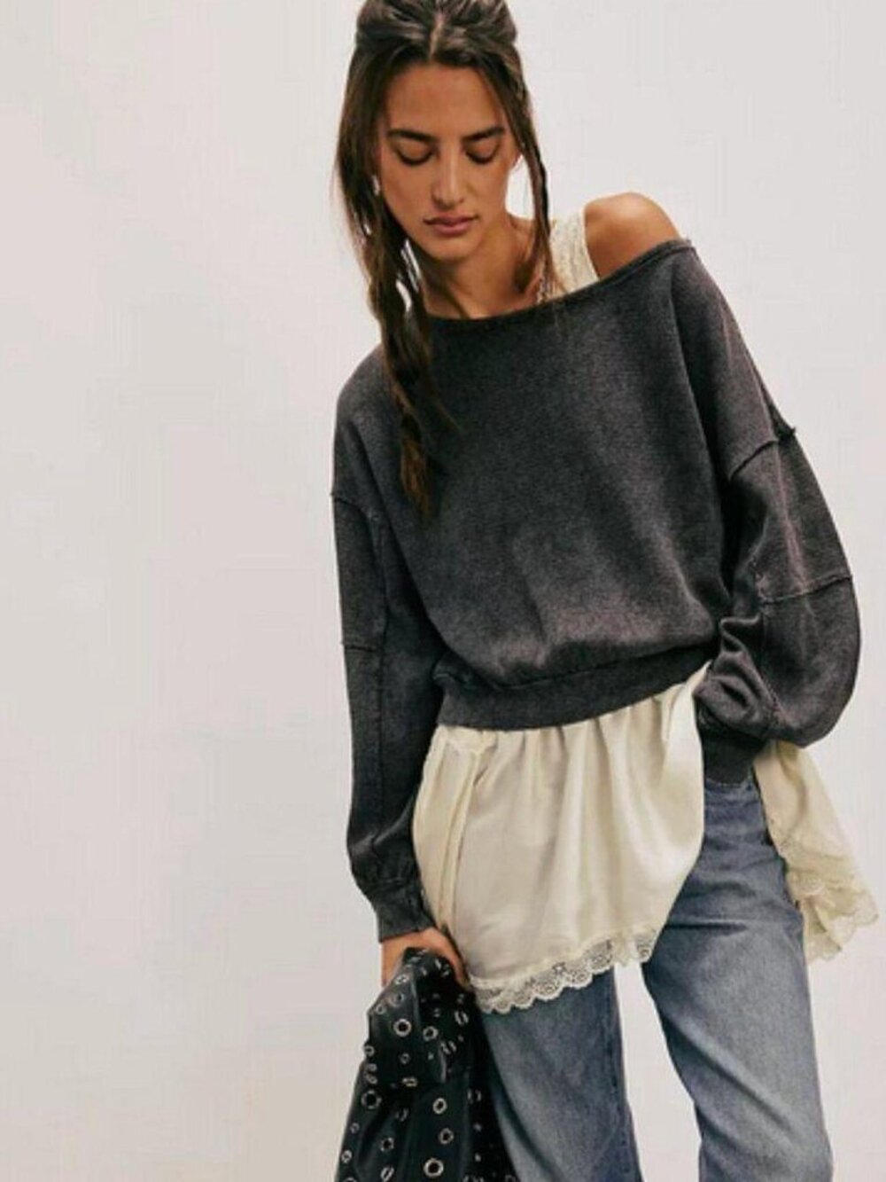 WE THE FREE FP IFE Texture Slouchy Thermal Waffle Knit Sweater Grunge Streetwear